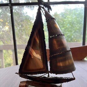 Vintage 1970s Copper Sailboat Boat Trophy Art Wood Base